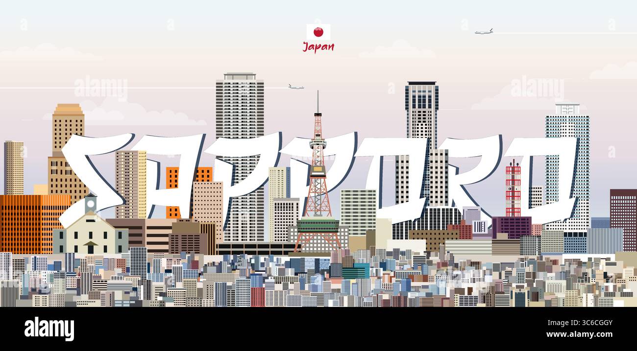 Immagine vettoriale colorata Sapporo con il nome di una grande città sullo sfondo. Poster di tendenza per i viaggi Illustrazione Vettoriale
