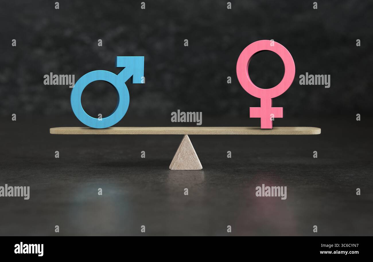 Immagine concettuale della parità di genere e della parità di genere con simboli di icone maschili e femminili in equilibrio su un alveare. Foto Stock