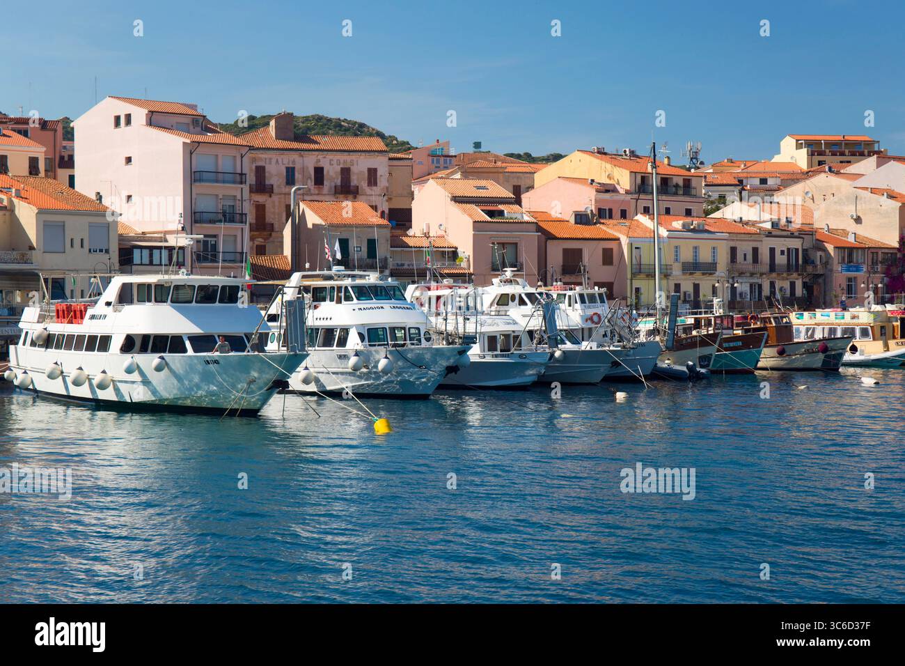 La Maddalena, Parco Nazionale dell'Arcipelago la Maddalena, Gallura, Sardegna, Italia. Vista sul porto, tour delle barche ormeggiate al molo. Foto Stock