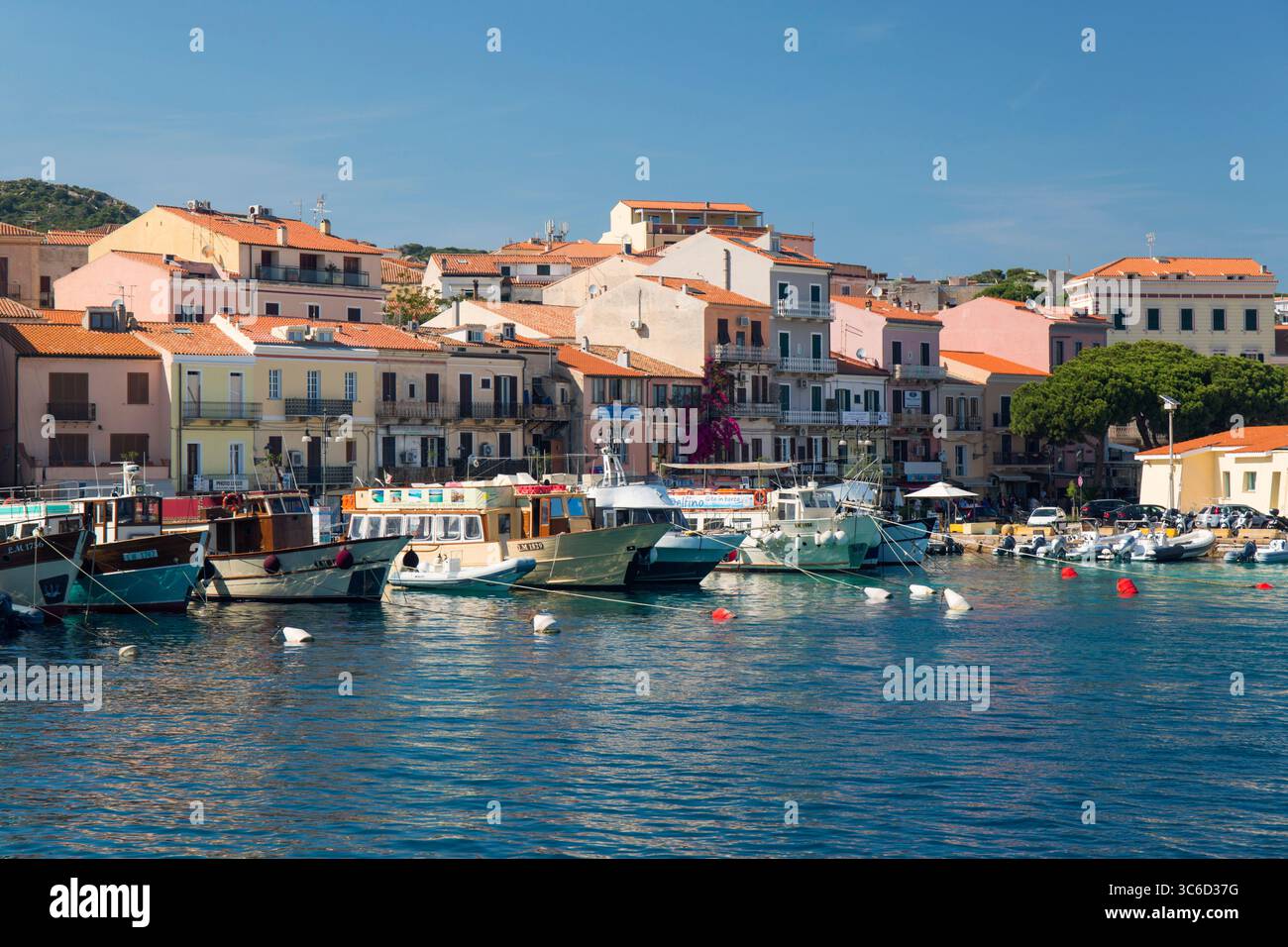 La Maddalena, Parco Nazionale dell'Arcipelago la Maddalena, Gallura, Sardegna, Italia. Vista sul porto, tour delle barche ormeggiate al molo. Foto Stock