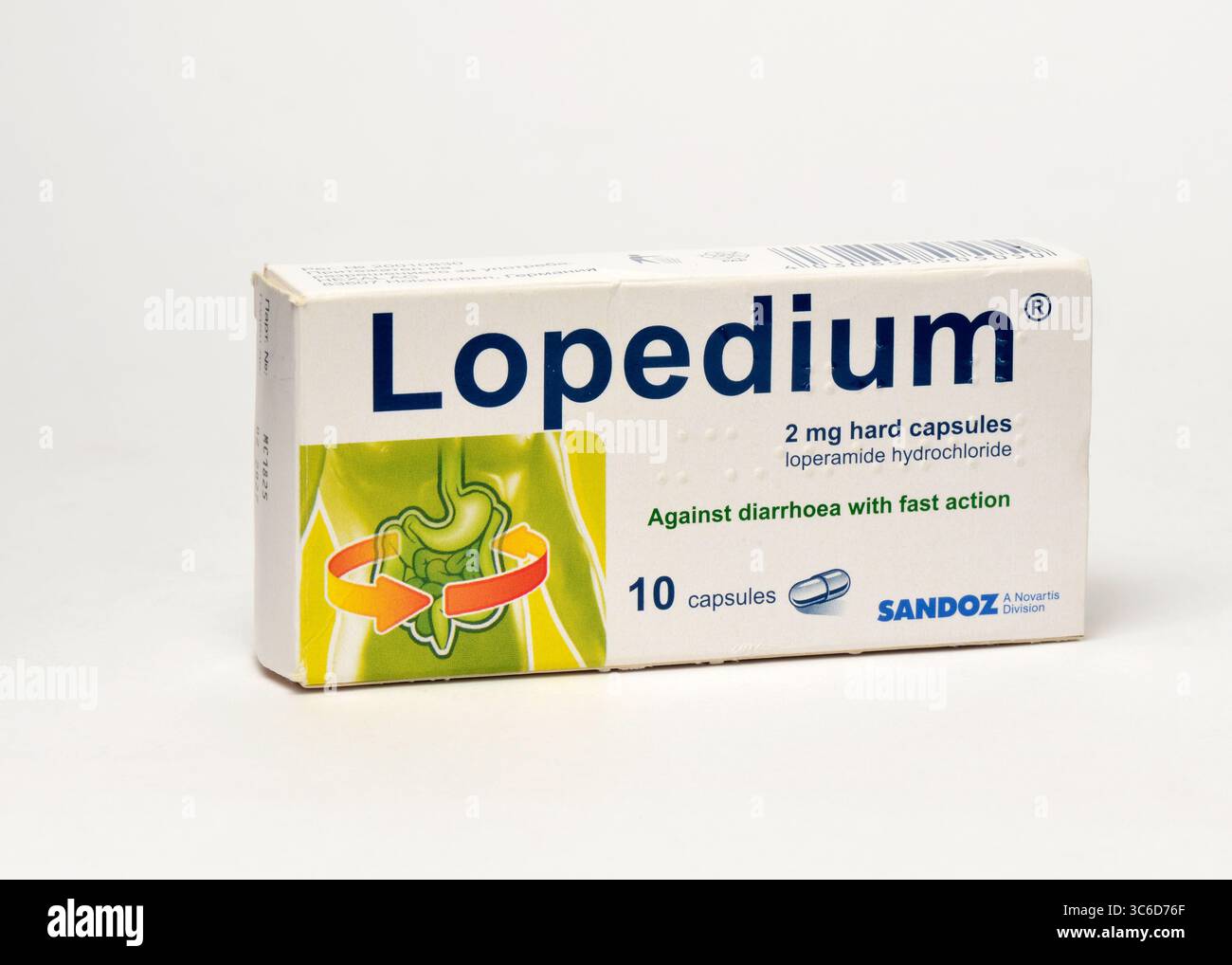 Lopedium 2 mg capsule rigide loperamide cloridrato di Sandoz Novartis, prescrizione medica, disturbo acuto, prodotti farmaceutici Foto Stock