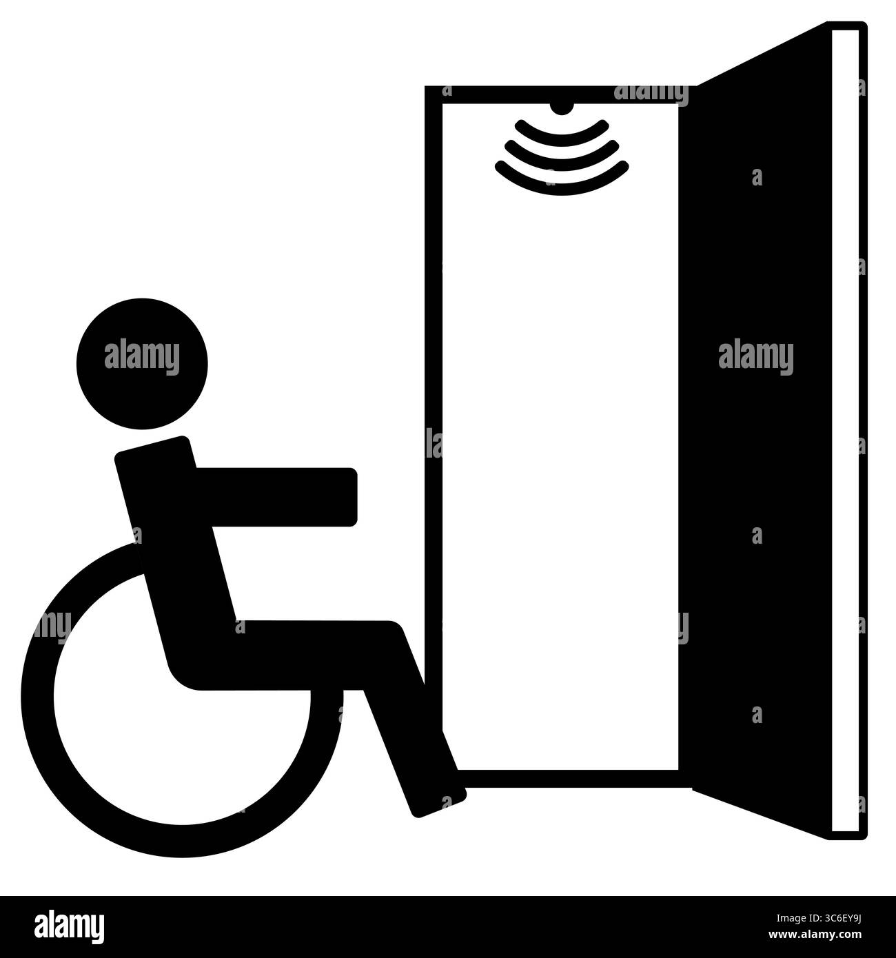 Badge di accessibilità per sedie a rotelle che indica un ingresso adatto alle persone su sedia a rotelle con un segnale di apertura sensoriale della porta Illustrazione Vettoriale