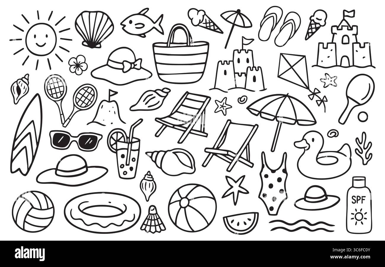 Divertenti scarabocchi estivi con abbigliamento da spiaggia, ombrelli, pallavolo e tavole da surf. Ideale per blog di vacanza, inviti con il tempo caldo o post di lifestyle Illustrazione Vettoriale