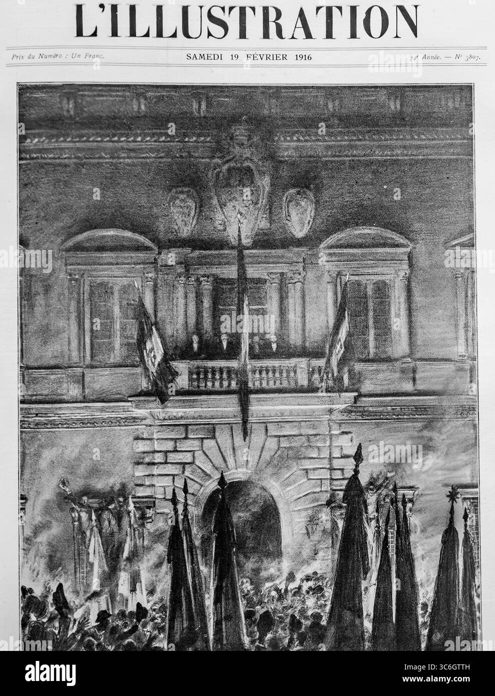 Copertina illustrata de l'Illustration, datata 19 febbraio 1916, che mostra l'ambasciatore francese che si rivolge a una folla fiaccolata dal balcone del Palais Farnese a Roma. La manifestazione ha visto le associazioni patriottiche italiane applaudire i ministri francesi durante la prima guerra mondiale, simboleggiando l'unità franco-italiana e condividendo gli ideali alleati. Sulla base di una fotografia e di uno schizzo del corrispondente. Vaucher. Foto Stock