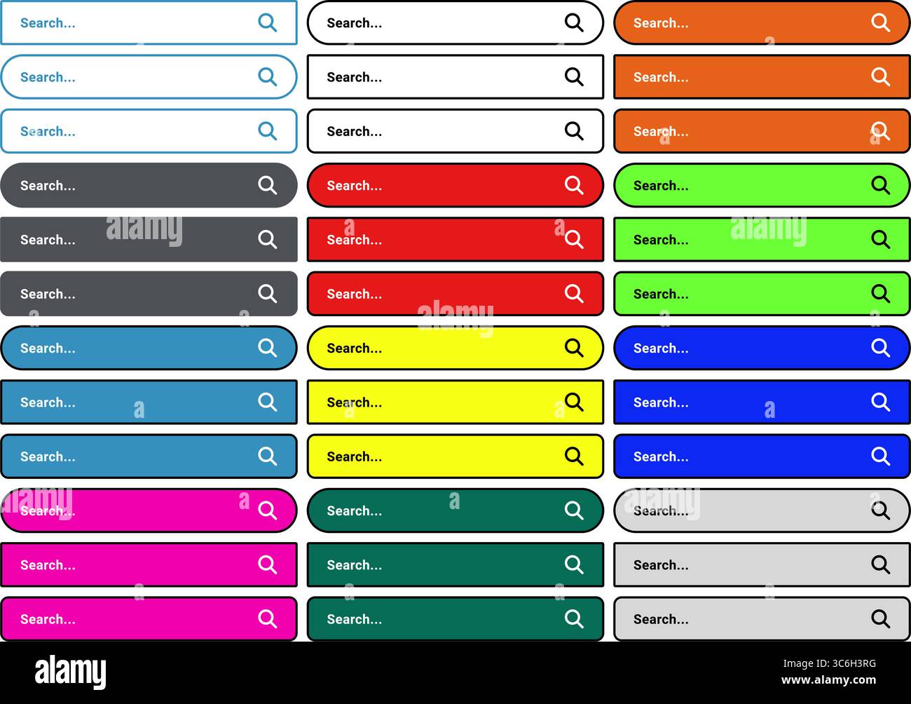 Set di elementi dell'interfaccia utente della barra di ricerca vettoriale in più stili e colori, progettato per interfacce di siti Web, app mobili e progetti di progettazione dell'interfaccia utente UX. Illustrazione Vettoriale