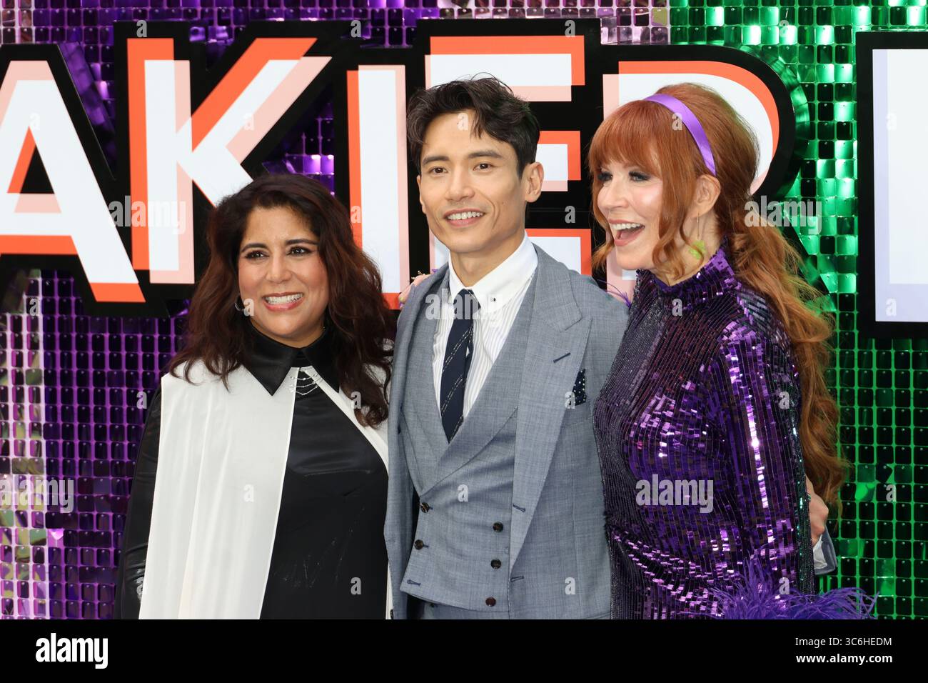 Nisha Ganatra, Manny Jacinto e Kristin Burr, Freakier Friday - UK Premiere, Leicester Square, Londra, Regno Unito, 31 luglio 2025, foto di Richard Goldschmidt Foto Stock