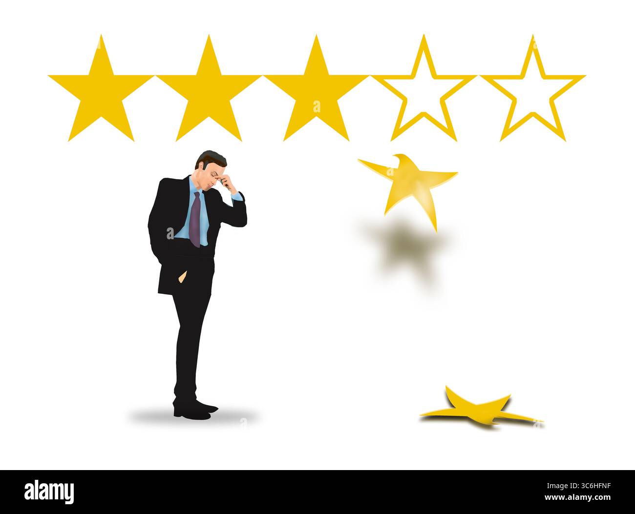 Un imprenditore lamenta il fatto che stia perdendo stelle di valutazione dalle recensioni dei clienti online. Questa è una figura in 3D. Foto Stock