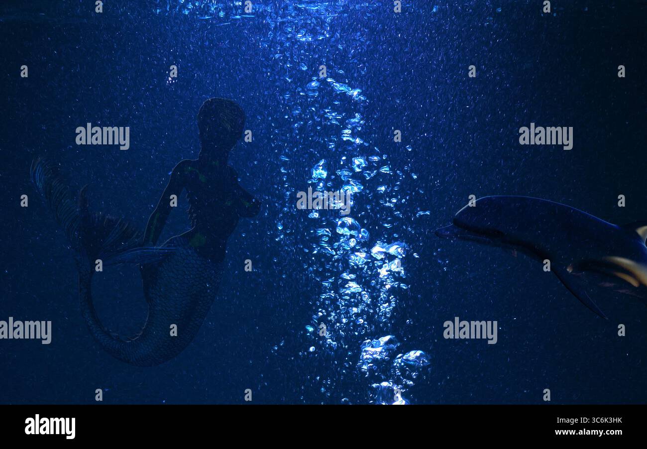 Misteriosa scena di una sirena che guarda un delfino tra le bolle nelle profondità. Foto Stock