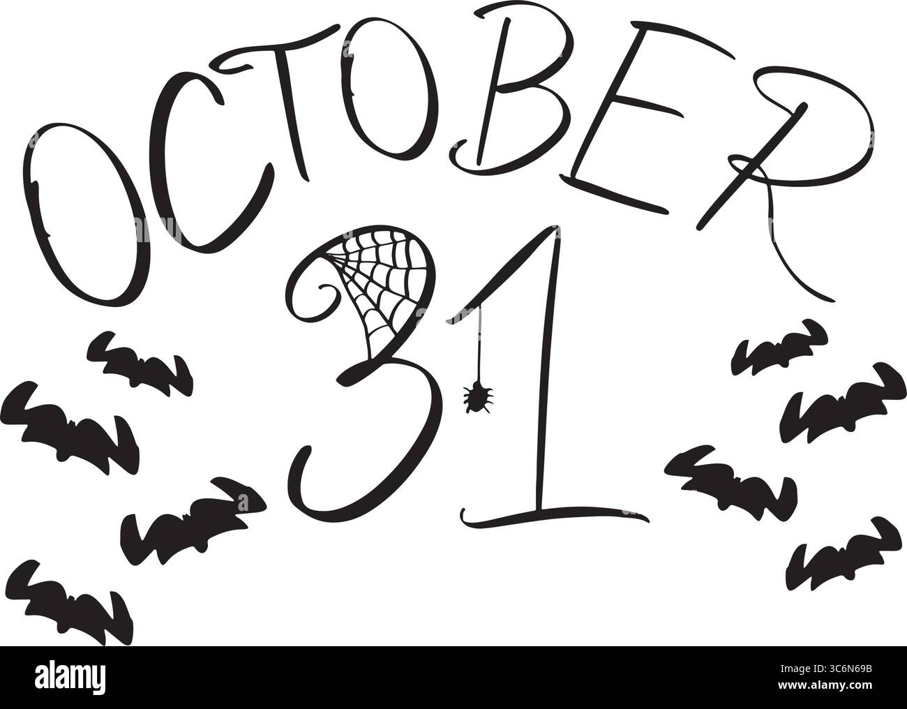 Mese di ottobre 31esimo giorno data felice giorno di halloween pipistrello calligrafia scritta a mano scrittura scrittura oggetto di colore nero mese di ottobre 31esimo giorno data felice hal Illustrazione Vettoriale