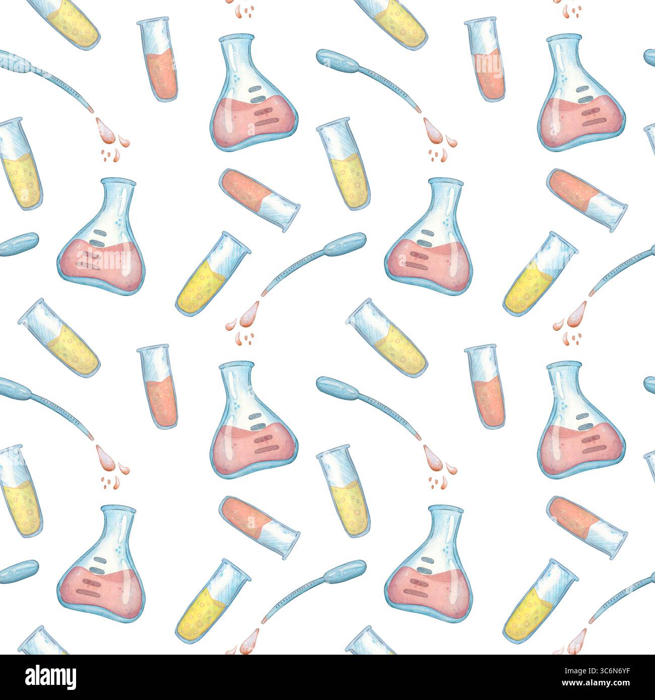 Struttura senza cuciture con matracci volanti e provette riempite di soluzioni. Illustrazione acquerello disegnata a mano, cartone animato. Disegno per adesivo, poster Foto Stock