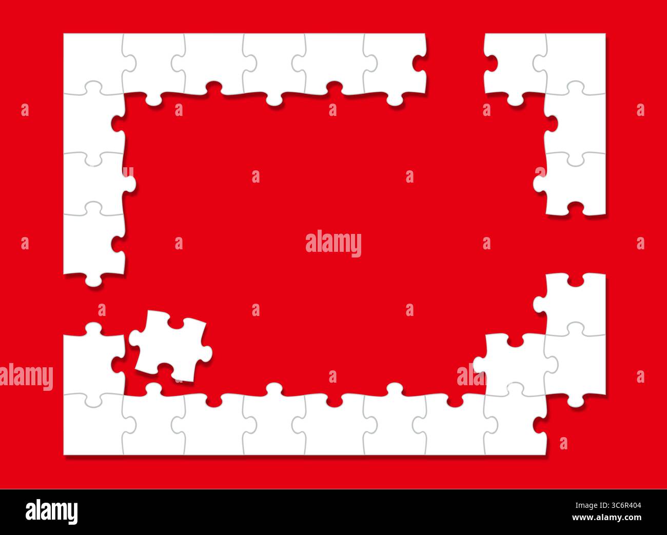 Cornice puzzle per seghetto alternativo bianco con spazio di testo. Seghetto alternativo pezzi di puzzle sulla strada per il completamento isolati su Uno sfondo rosso brillante. Illustrazione vettoriale. Illustrazione Vettoriale