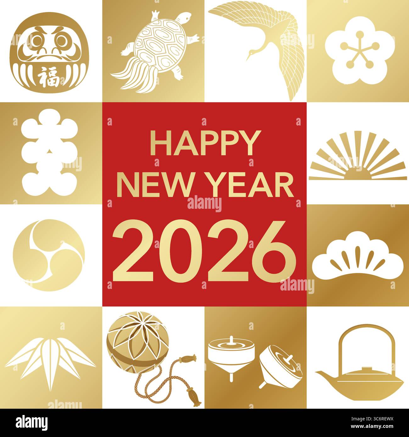 Il nuovo anno 2026 Vector Greeting Symbol con i ciondoli giapponesi vintage Lucky. Kanji Translation - felice anno nuovo. Fortuna. Camera completa. Illustrazione Vettoriale