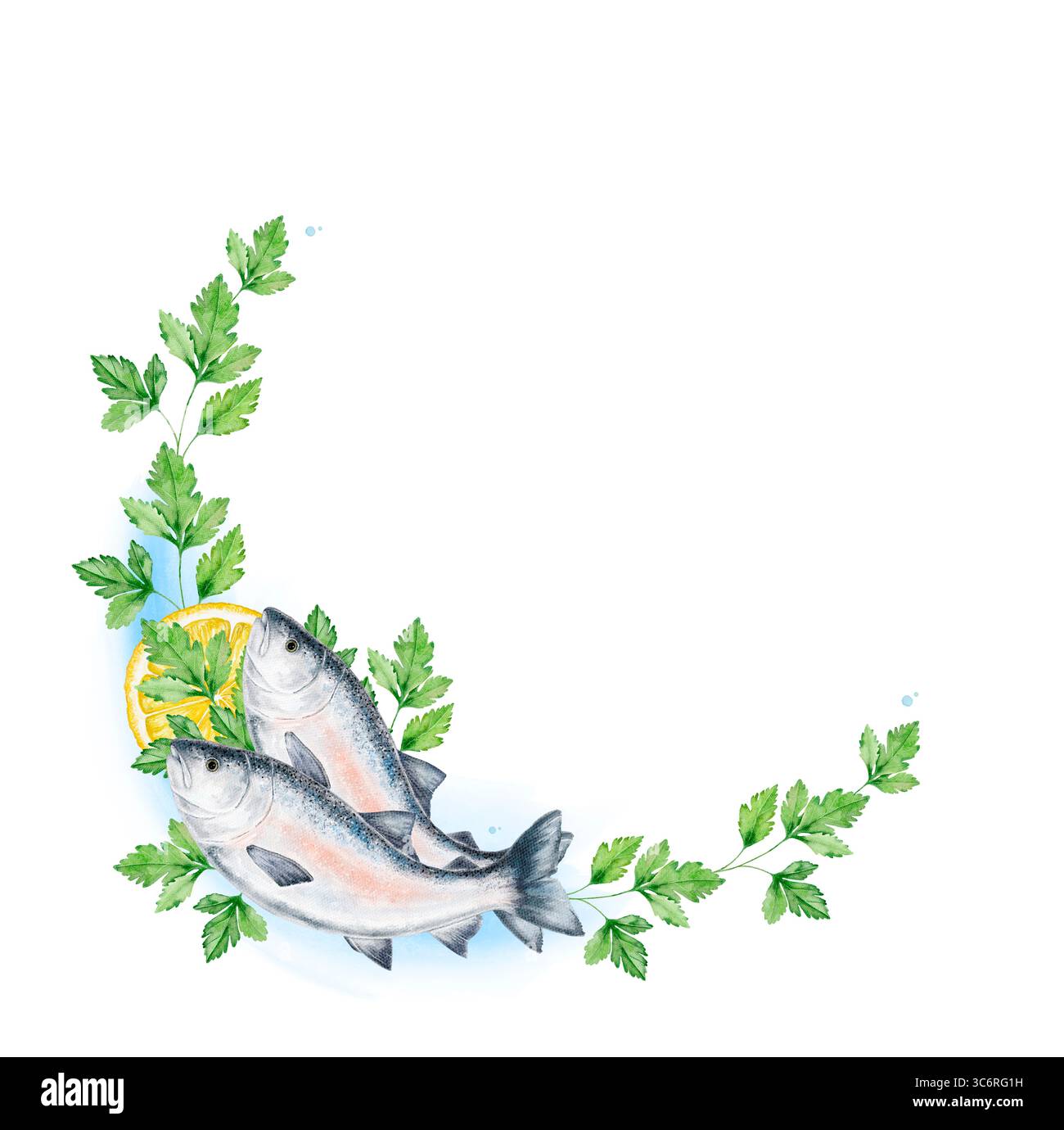 cornice di pesce d'angolo ad acquerello con fette di prezzemolo, salmone e limone su sfondo bianco. Ombra di acquerello azzurro sotto i pesci. Spazio centrale a sinistra Foto Stock