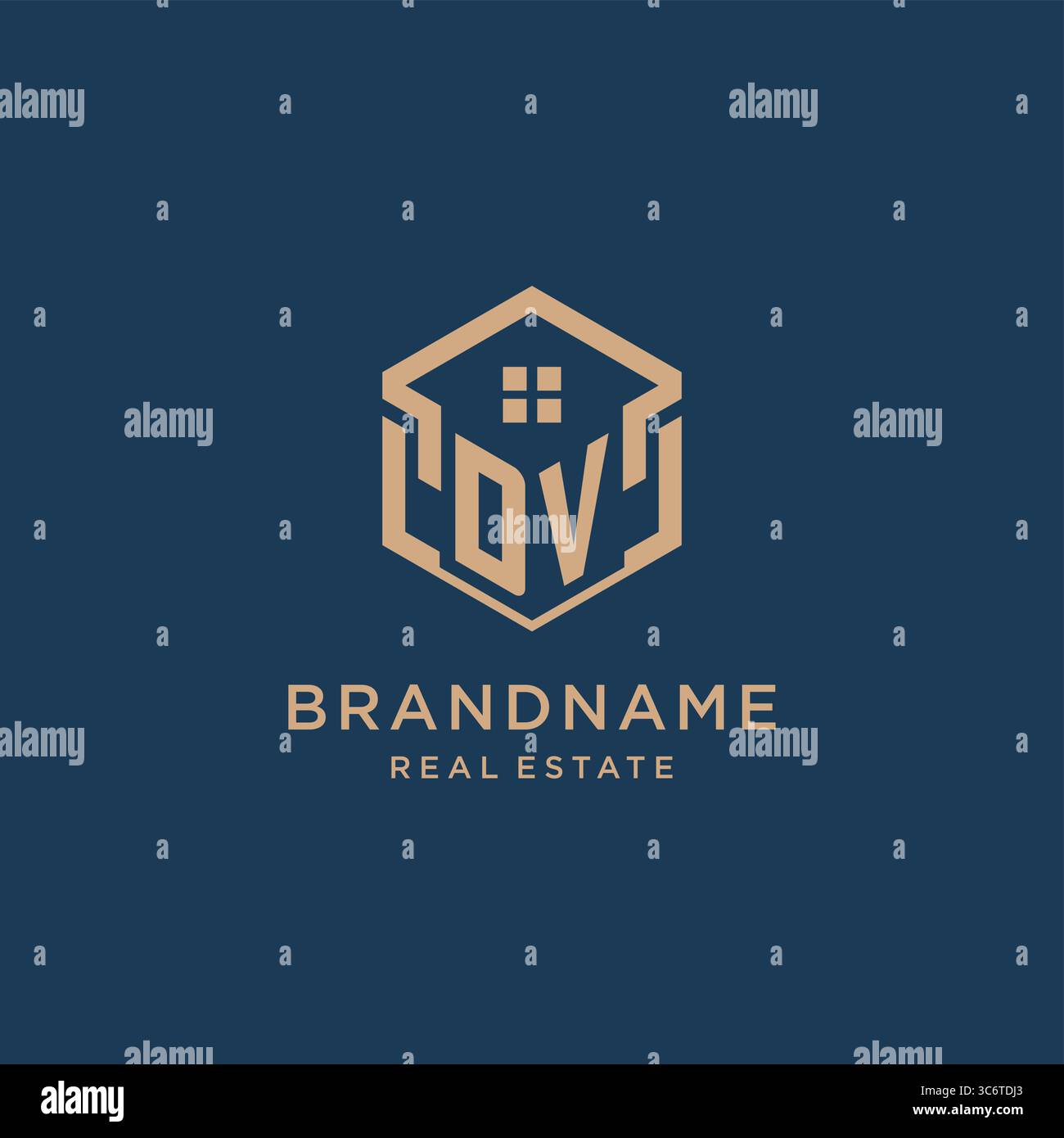 Icona forma esagonale del tetto della casa DV iniziale grafica vettoriale del logo Illustrazione Vettoriale
