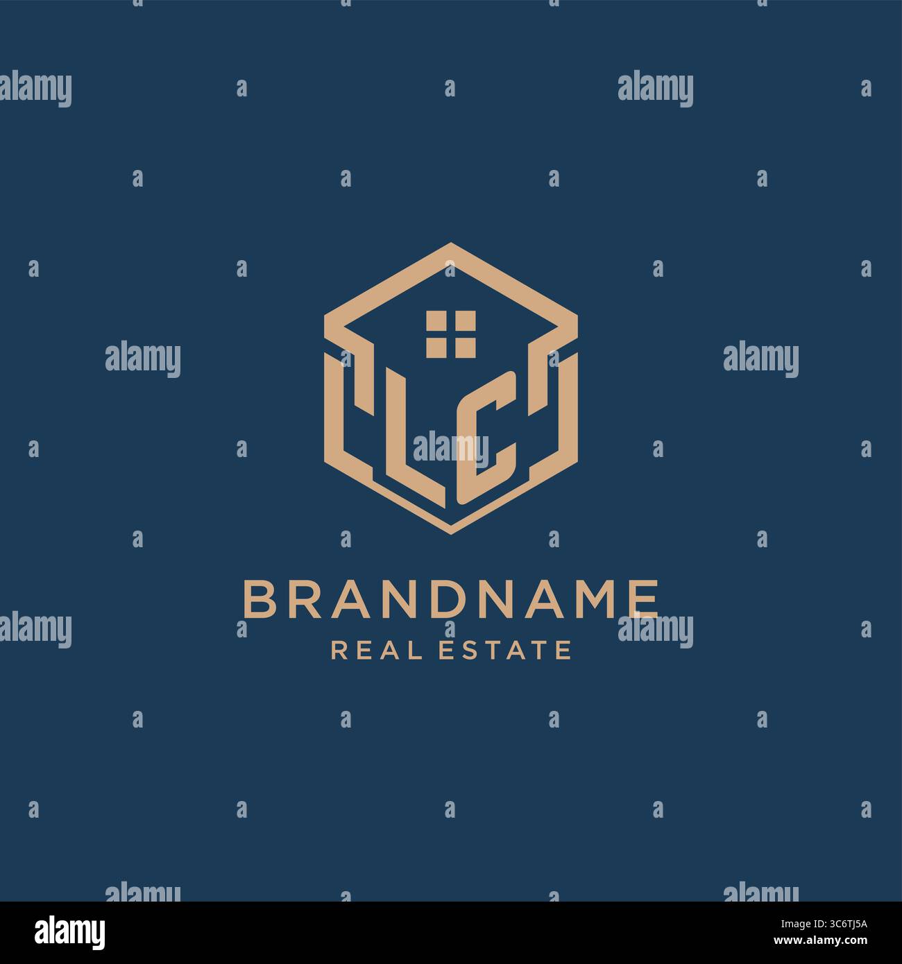 Icona iniziale della forma esagonale del tetto della casa LC grafica vettoriale del logo Illustrazione Vettoriale