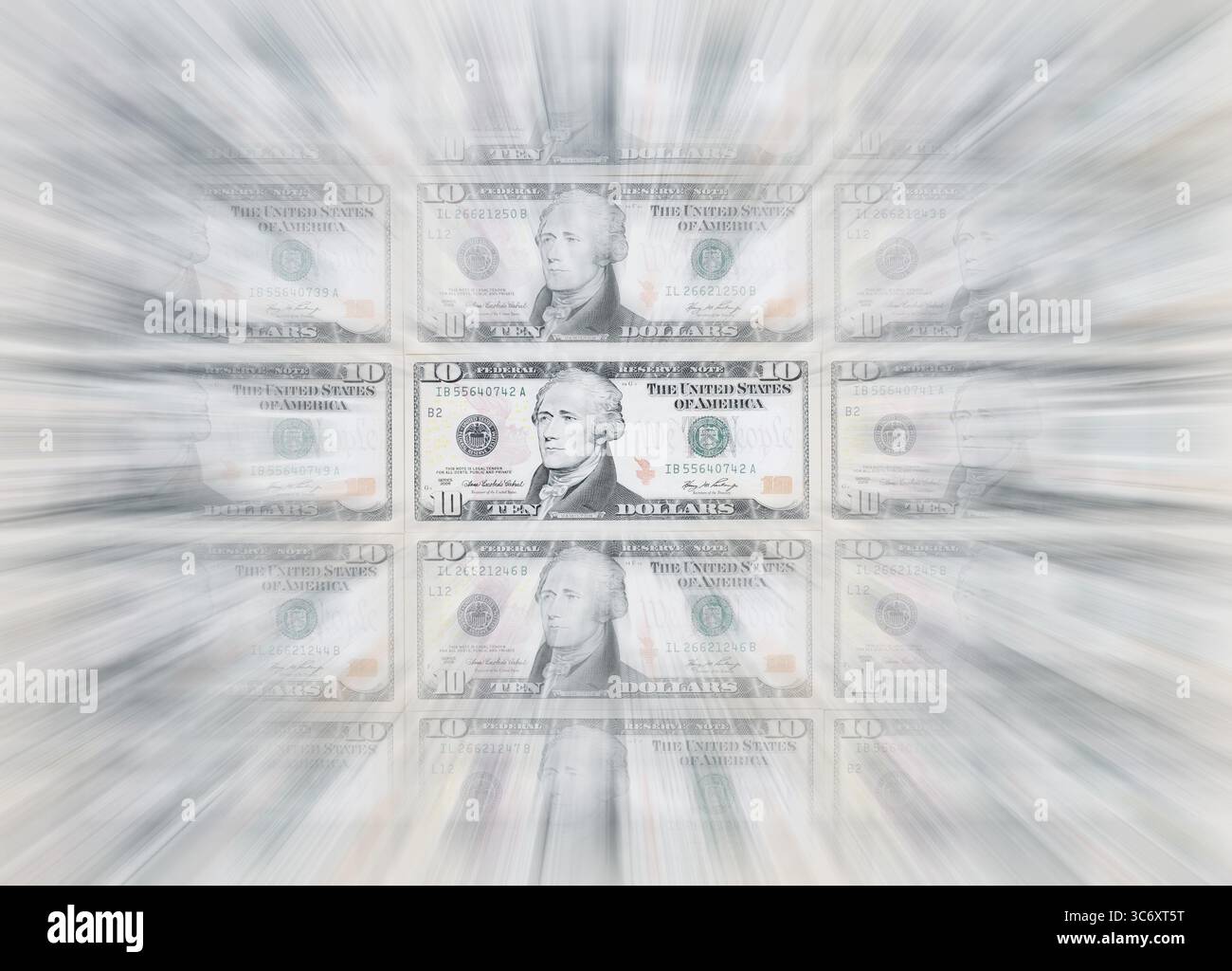 Banconote da 10 dollari, banconote da 10 dollari, effetto zoom Foto Stock