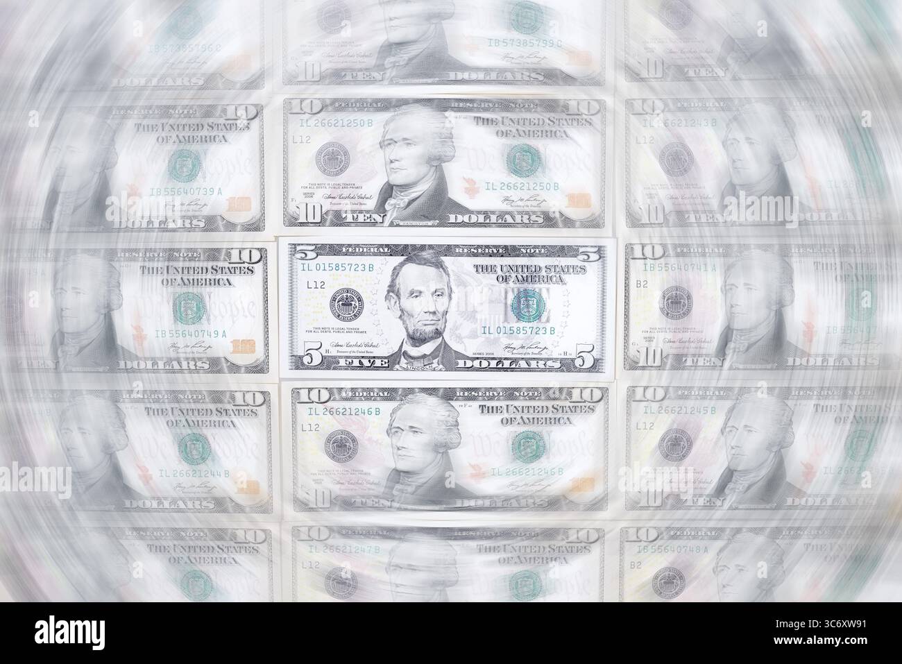 Banconote in dollari, 10 dollari, 5 dollari, banconote Foto Stock