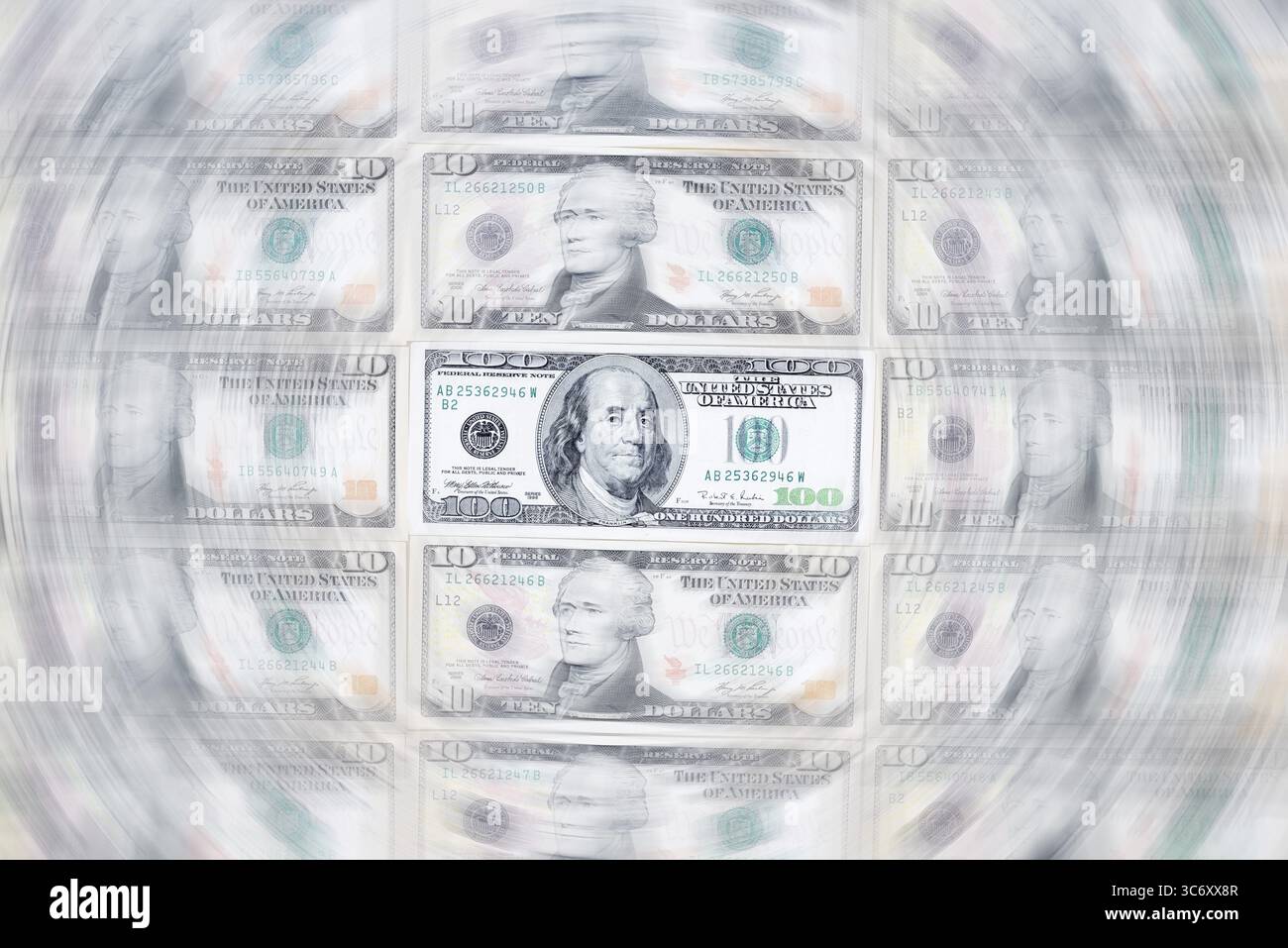 Banconote in dollari, 10 dollari, 100 dollari, banconote Foto Stock