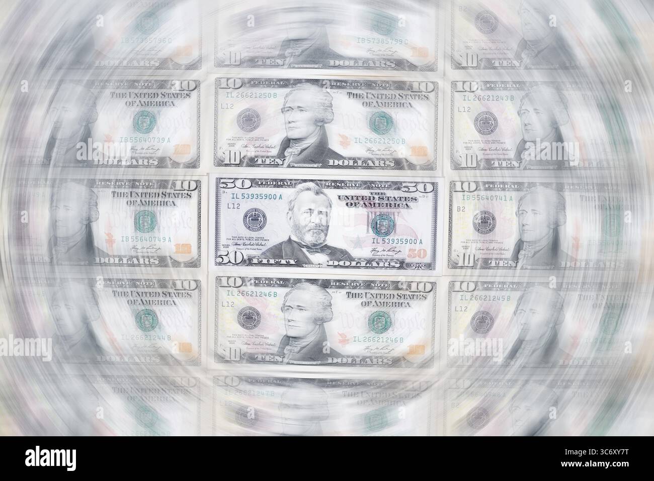 Banconote in dollari, 10 dollari, 50 dollari, banconote Foto Stock