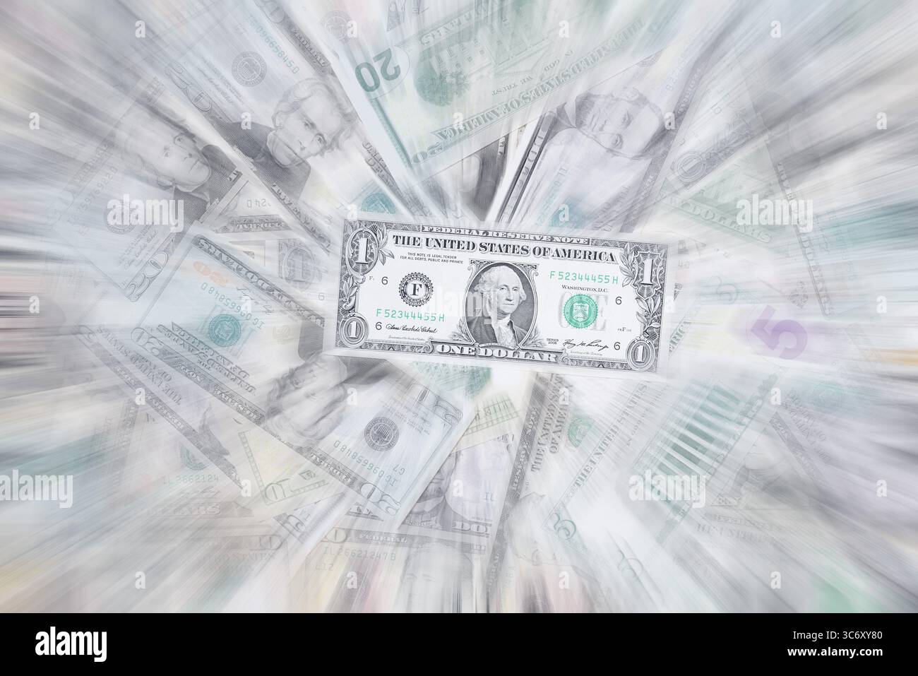 Varie banconote in dollari USA in una pila, banconote, effetto zoom Foto Stock