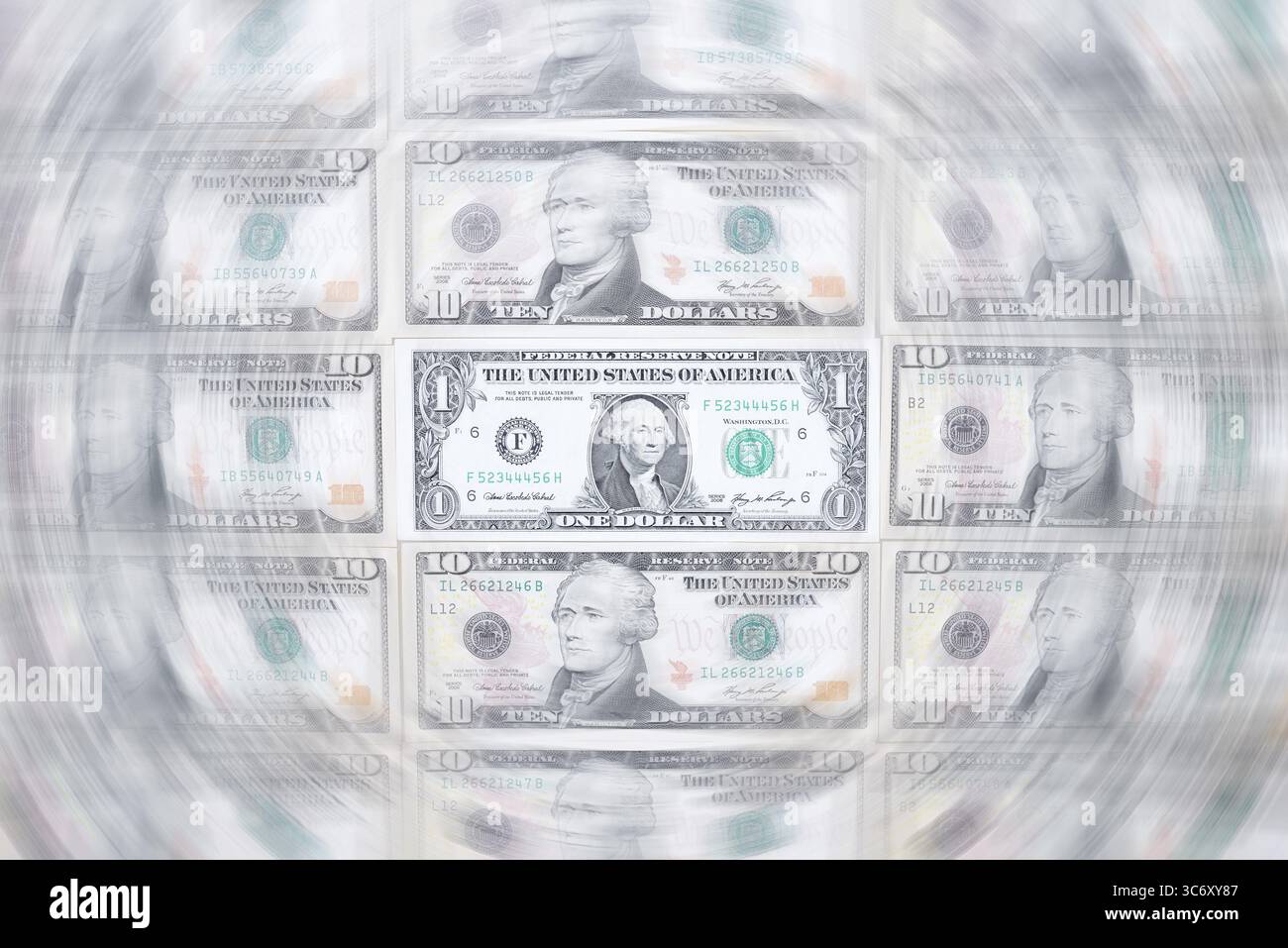 Banconote in dollari, 10 dollari, 1 dollaro, banconote Foto Stock