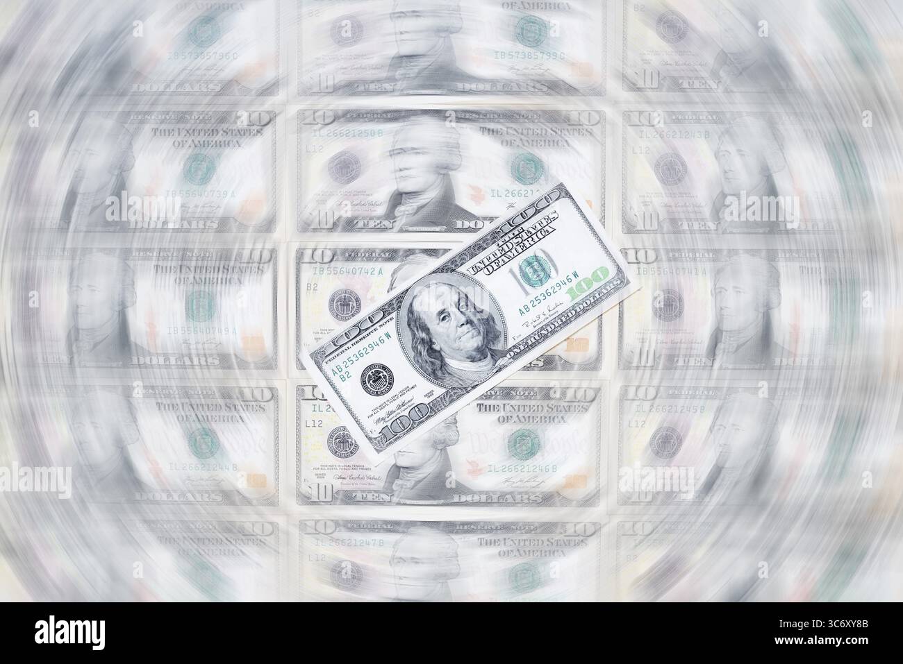 Banconote in dollari, 10 dollari, 100 dollari, banconote Foto Stock
