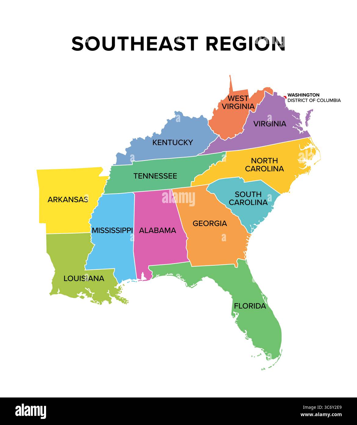 Regione sud-orientale degli Stati Uniti, mappa a colori. Anche Sud-est degli Stati Uniti, Sud-est americano, o semplicemente Sud-est, una regione geografica. Foto Stock