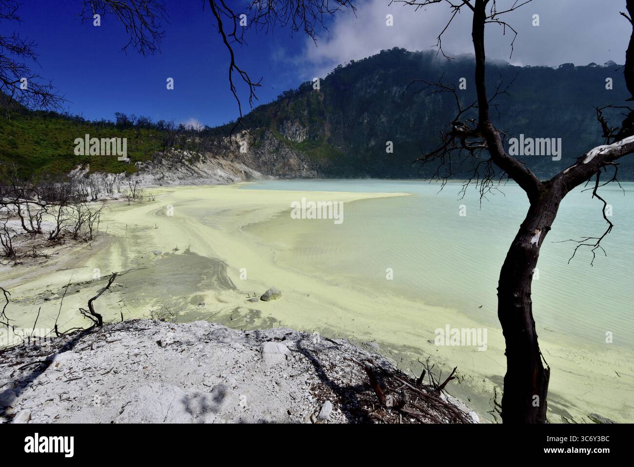 Un lago di zolfo con acqua bluastra circondato da alberi e montagne vulcaniche, Kawa Putih, Bandung, Giava, Indonesia Foto Stock