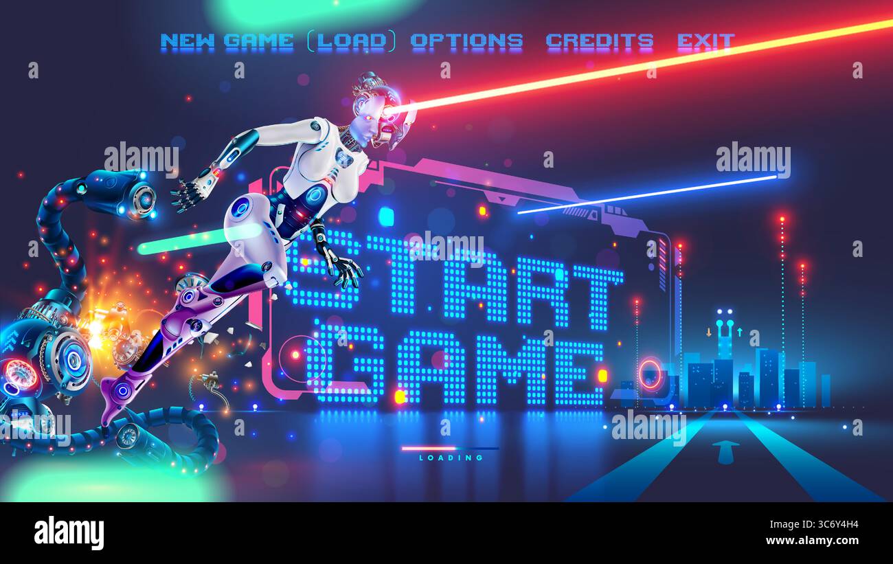 Screenshot del videogioco per computer inesistente. Interfaccia di avvio del videogioco d'azione per computer con menu, barra di caricamento, antagonista vincente del supereroe robot Illustrazione Vettoriale