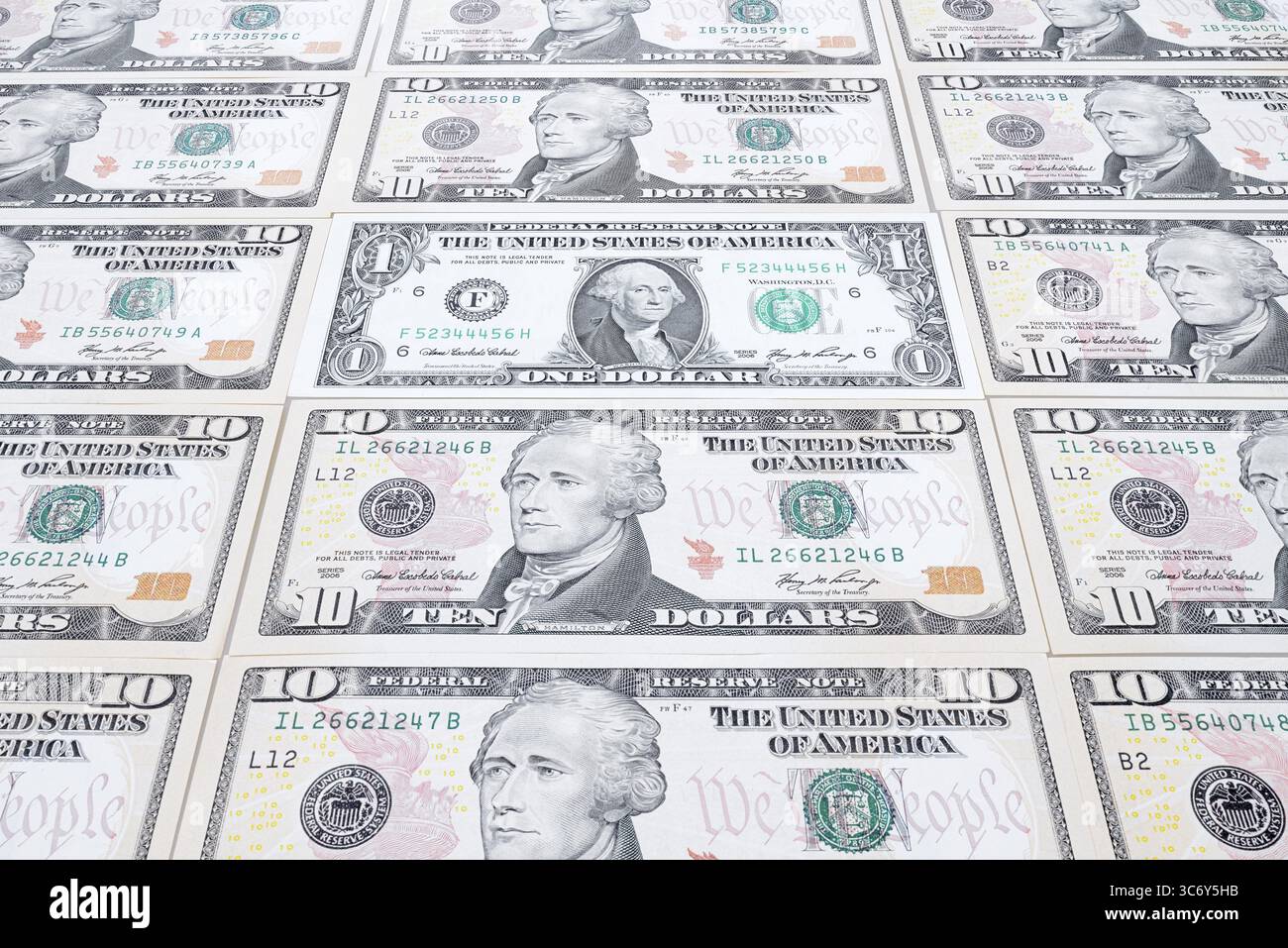 Banconote in dollari, 10 dollari, 1 dollaro, banconote Foto Stock