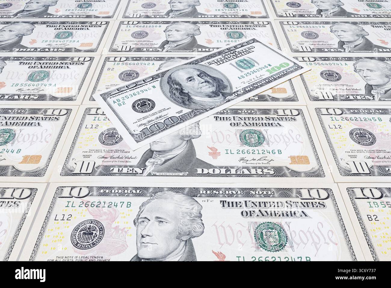 Banconote in dollari, 10 dollari, 100 dollari, banconote Foto Stock