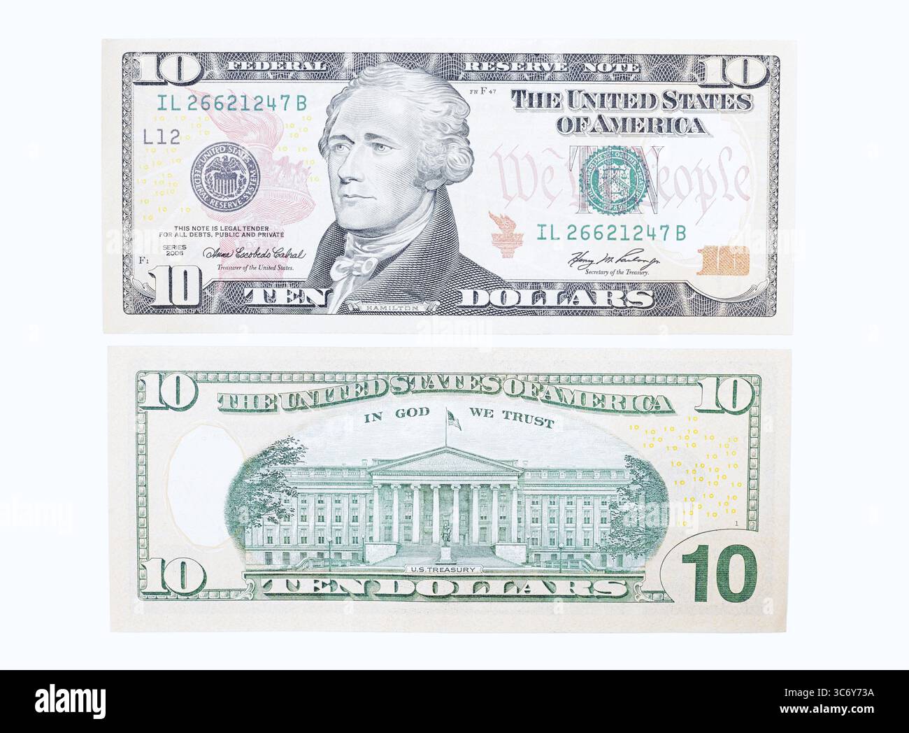 Banconote da 10 dollari, banconote da 10 dollari su sfondo bianco Foto Stock