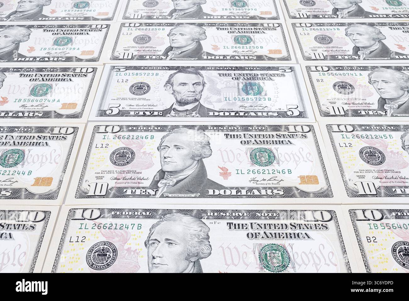 Banconote in dollari, 10 dollari, 5 dollari, banconote Foto Stock