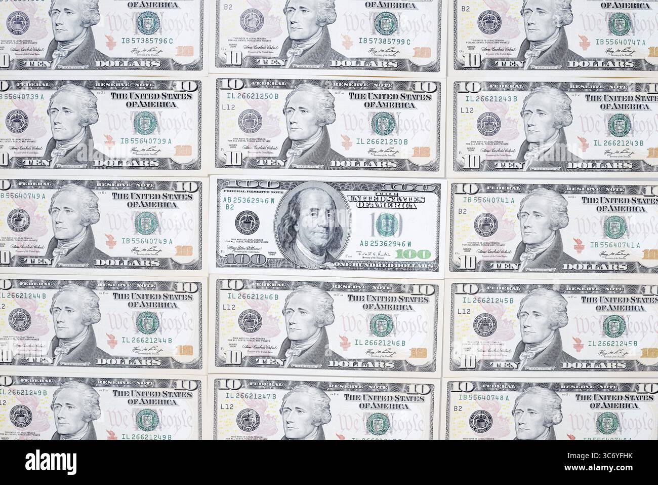 Banconote in dollari, 10 dollari, 100 dollari, banconote Foto Stock