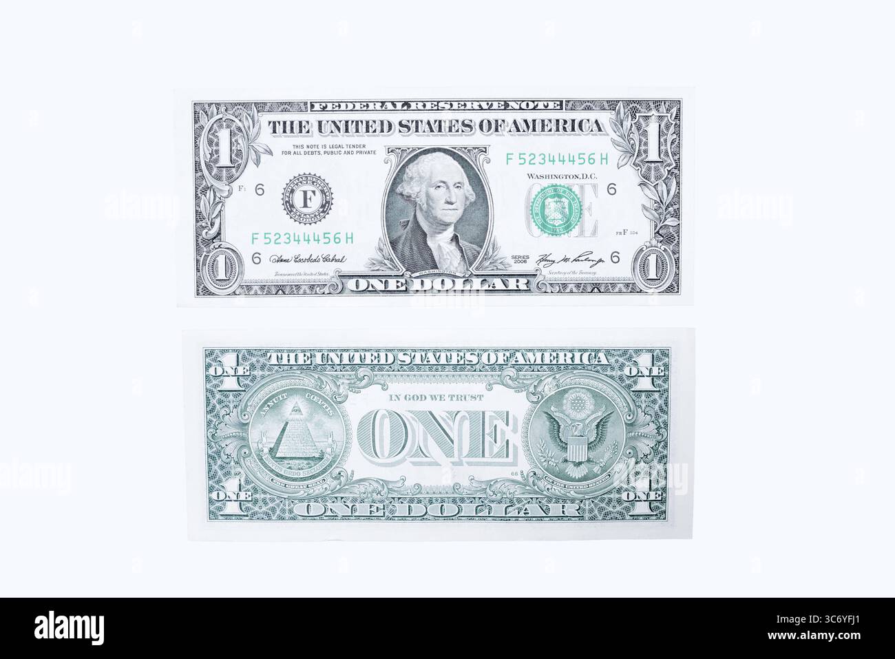 Banconote da 1 dollaro, banconote da 1 dollaro su sfondo bianco Foto Stock
