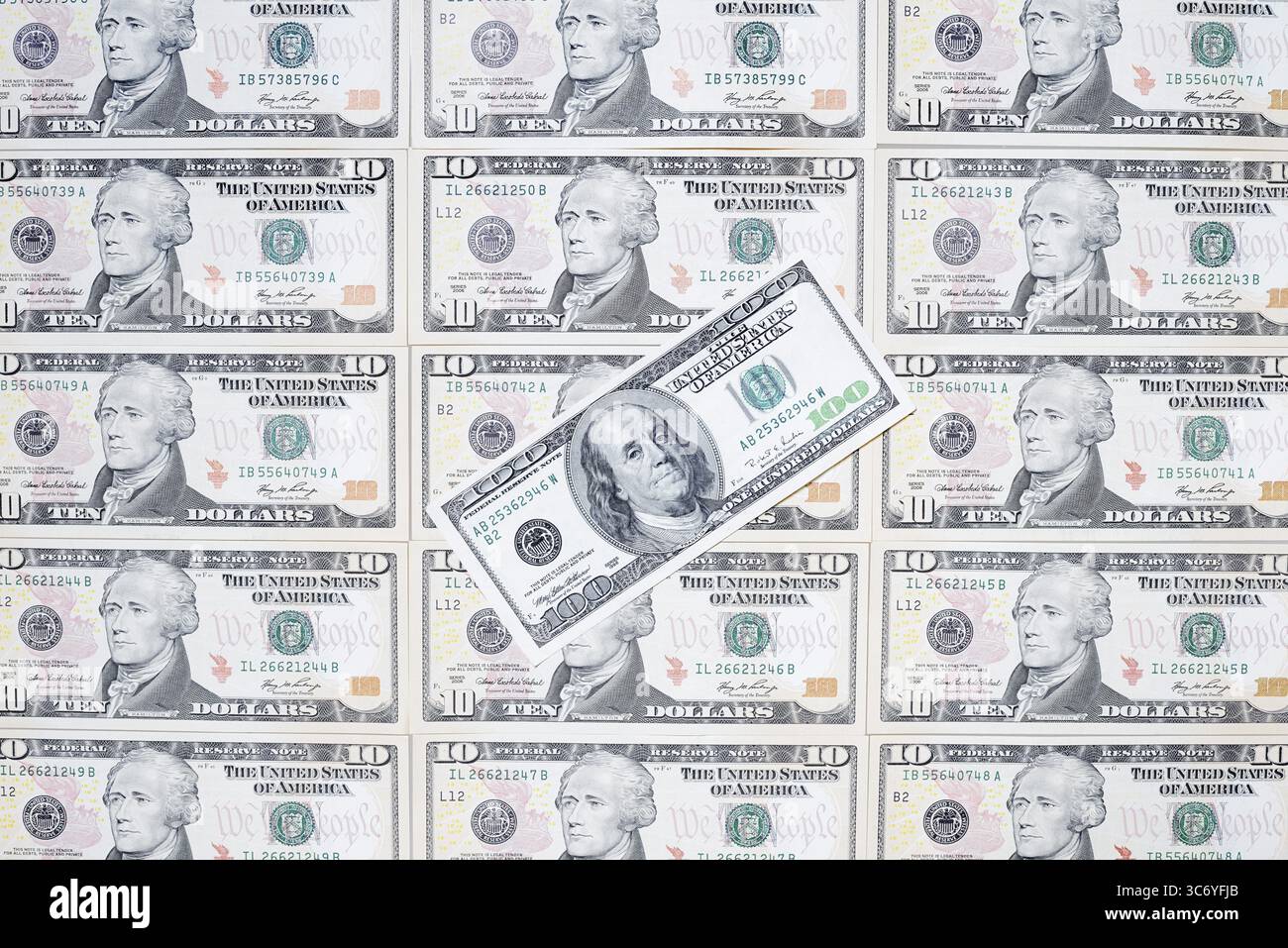 Banconote in dollari, 10 dollari, 100 dollari, banconote Foto Stock