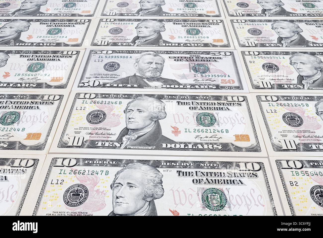 Banconote in dollari, 10 dollari, 50 dollari, banconote Foto Stock