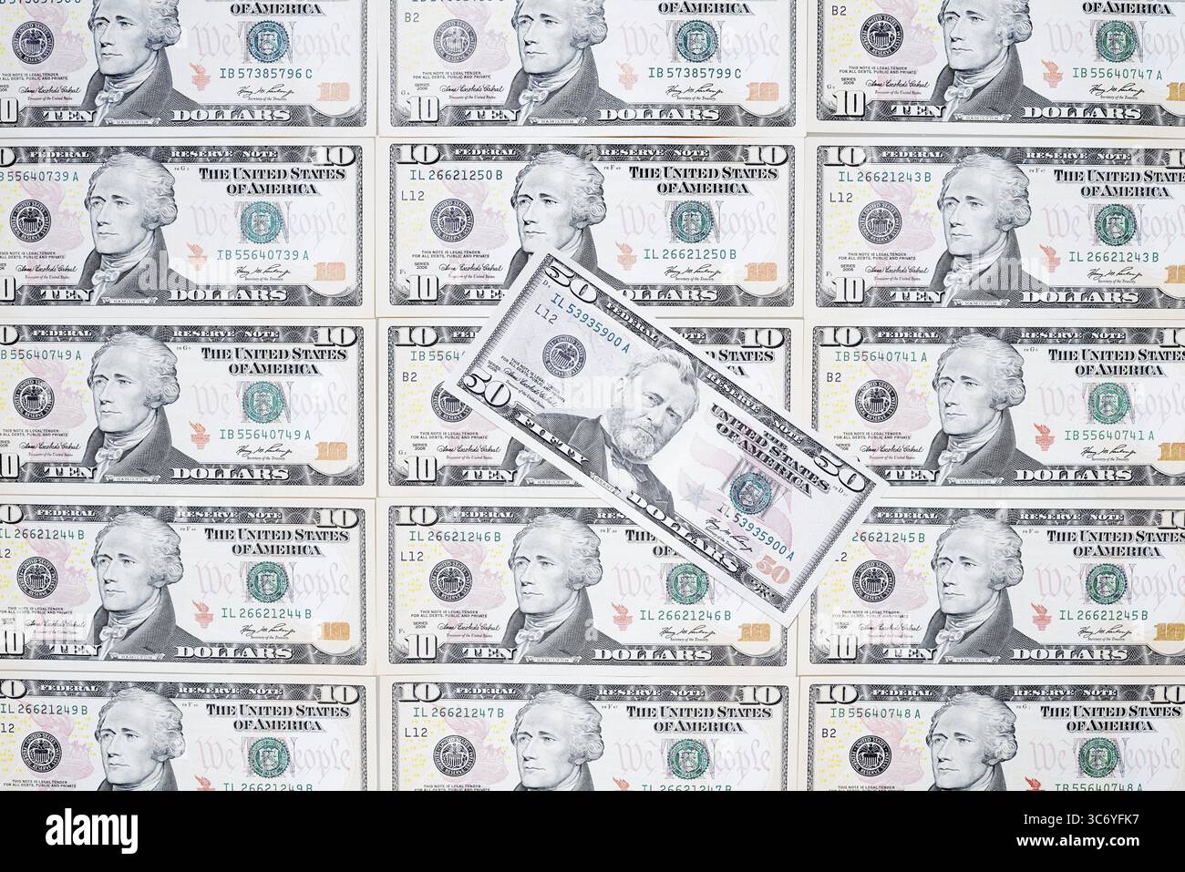 Banconote in dollari, 10 dollari, 50 dollari, banconote Foto Stock