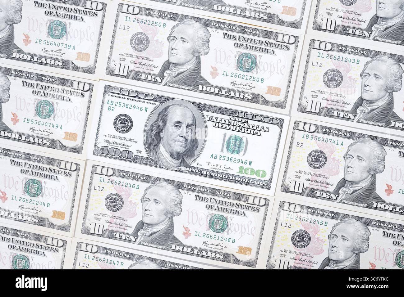 Banconote in dollari, 10 dollari, 100 dollari, banconote Foto Stock