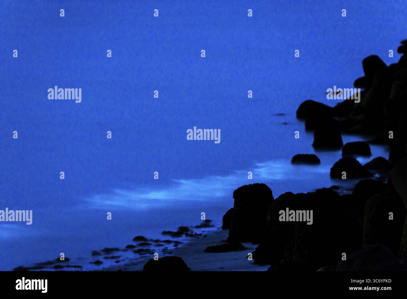 Bagliore di mare, causato da microrganismi, organismi luminescenti marini (Noctiluca scintillans, Noctiluca miliaris), onde luminose blu di notte, groyne, tet Foto Stock
