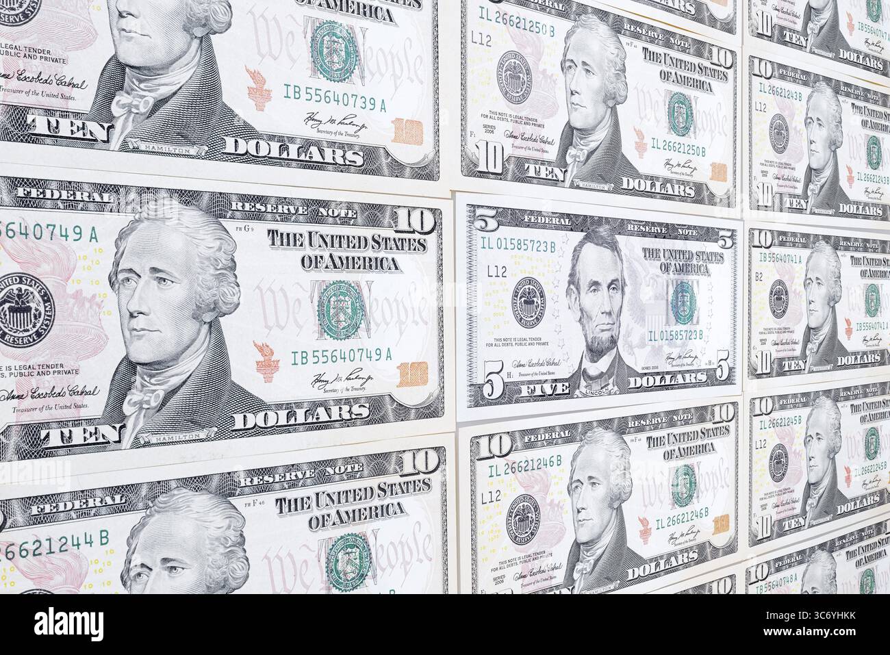 Banconote in dollari, 10 dollari, 5 dollari, banconote Foto Stock