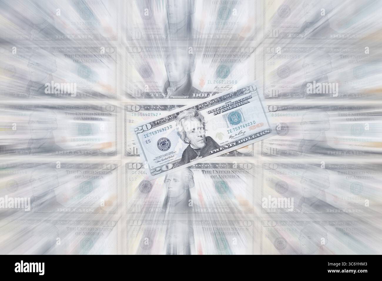 Banconote in dollari USA, 10 dollari, 20 dollari, banconote, effetto zoom Foto Stock