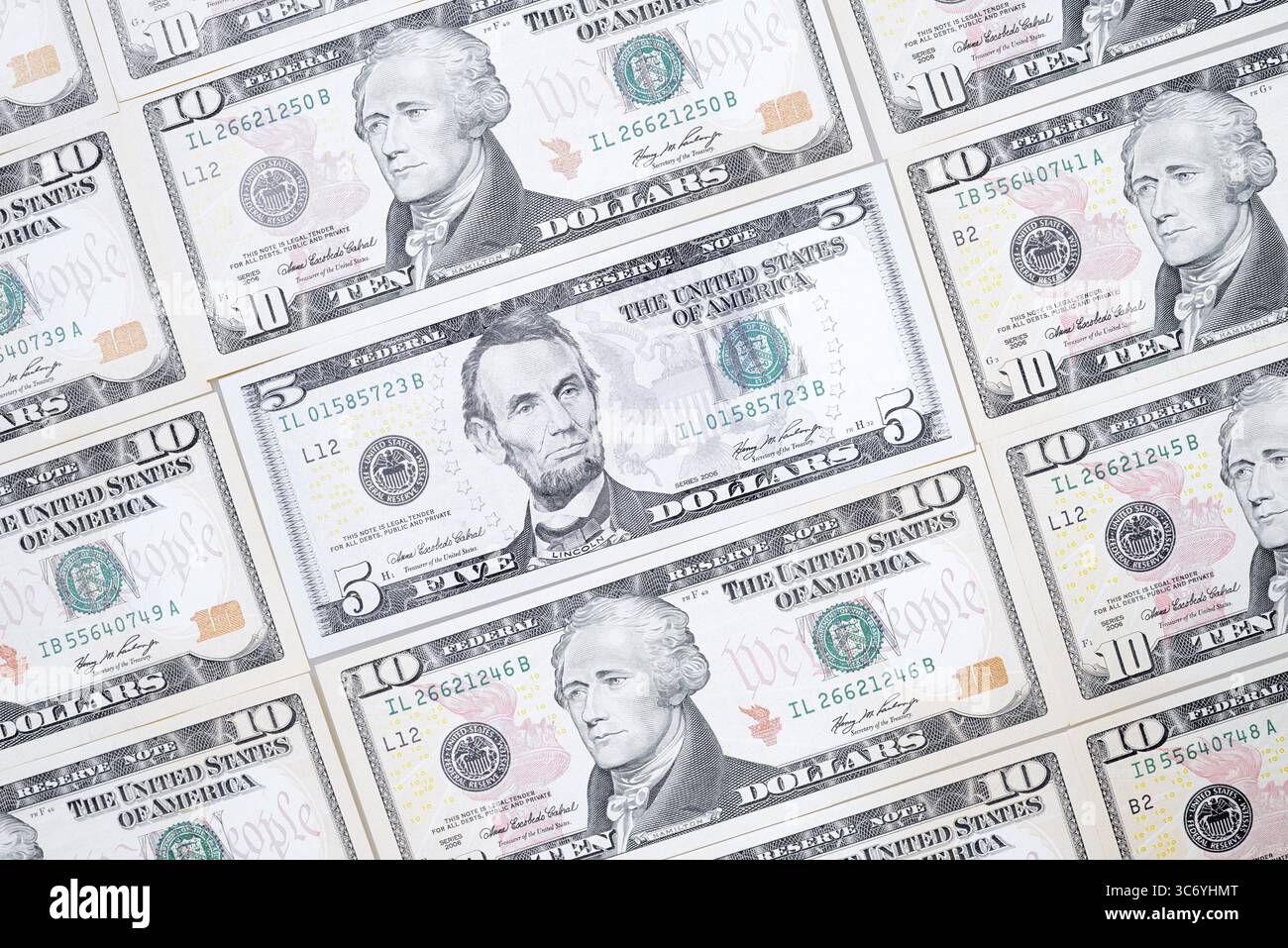 Banconote in dollari, 10 dollari, 5 dollari, banconote Foto Stock