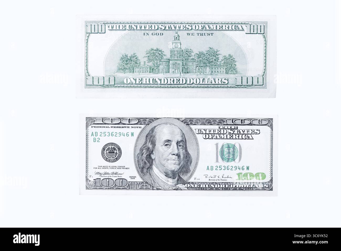 Banconota da 100 dollari, banconote da 100 dollari su sfondo bianco Foto Stock