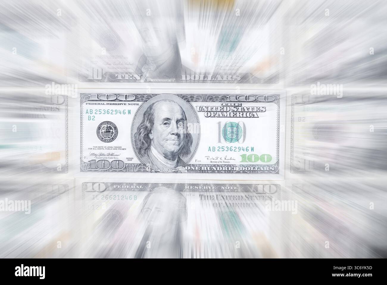 Banconote STATUNITENSI, 10 dollari, 100 dollari, banconote, effetto zoom Foto Stock