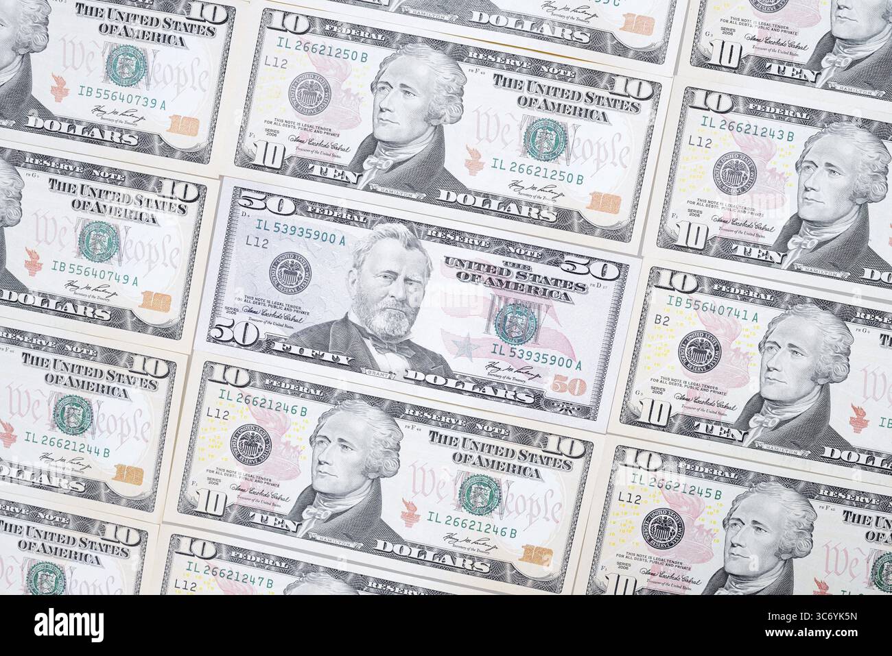 Banconote in dollari, 10 dollari, 50 dollari, banconote Foto Stock