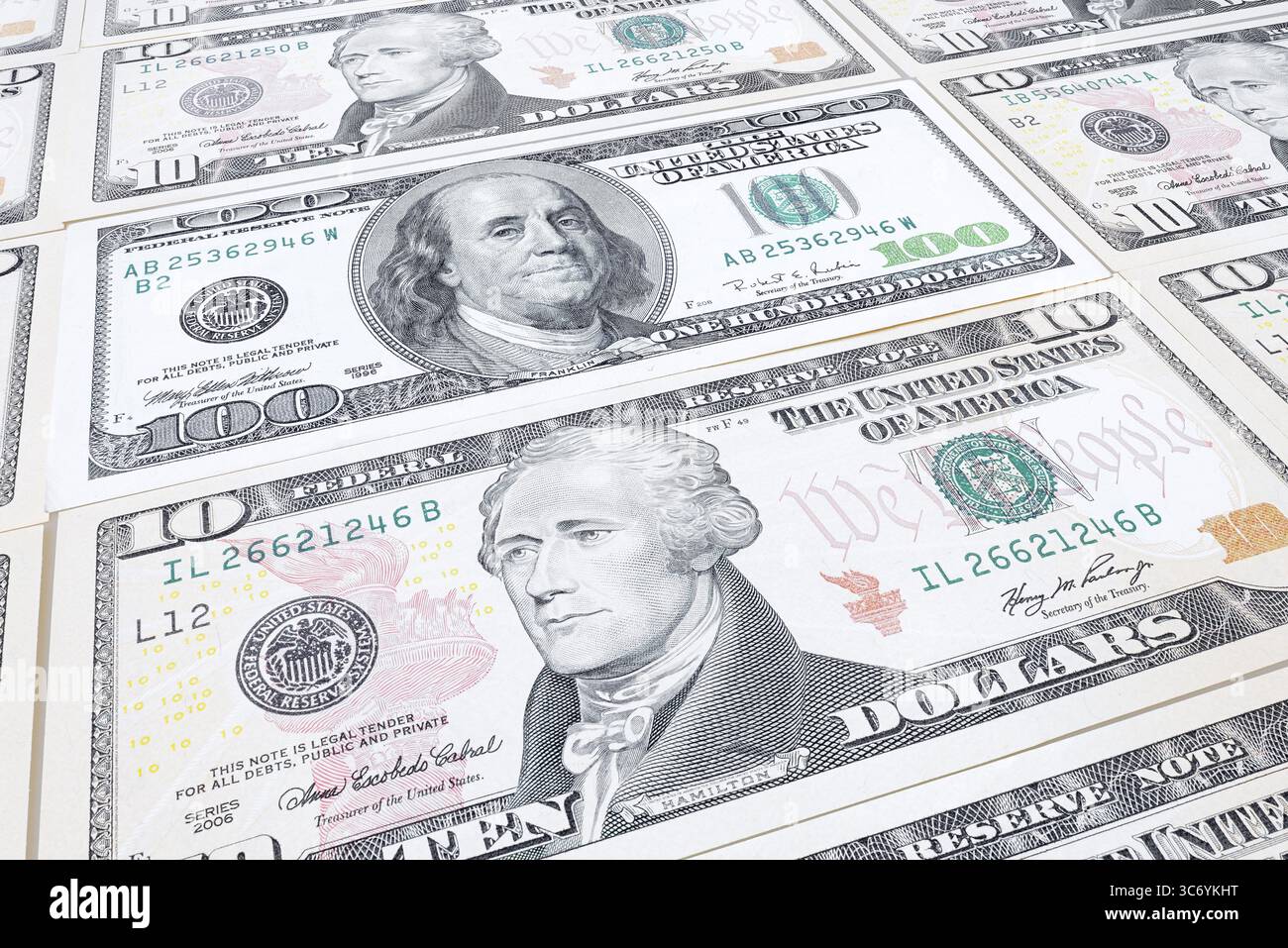 Banconote in dollari, 10 dollari, 100 dollari, banconote Foto Stock