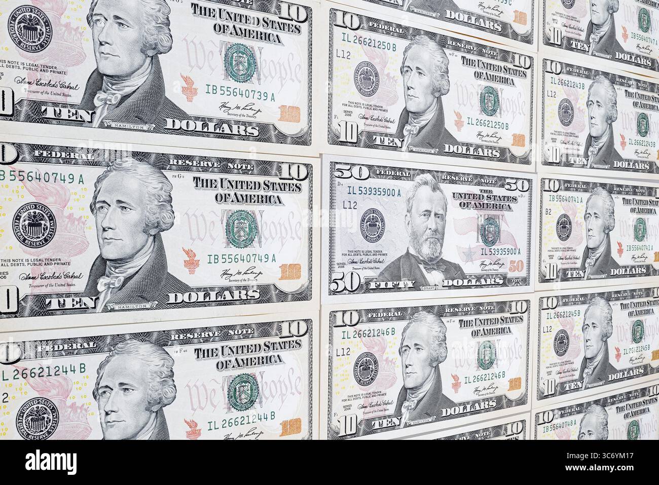 Banconote in dollari, 10 dollari, 50 dollari, banconote Foto Stock