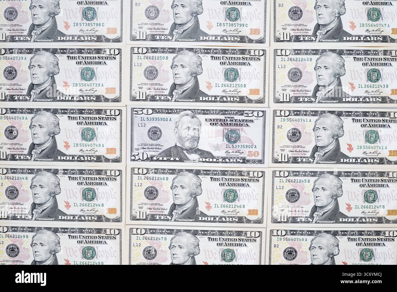 Banconote in dollari, 10 dollari, 50 dollari, banconote Foto Stock