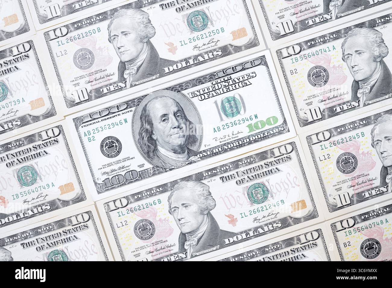 Banconote in dollari, 10 dollari, 100 dollari, banconote Foto Stock